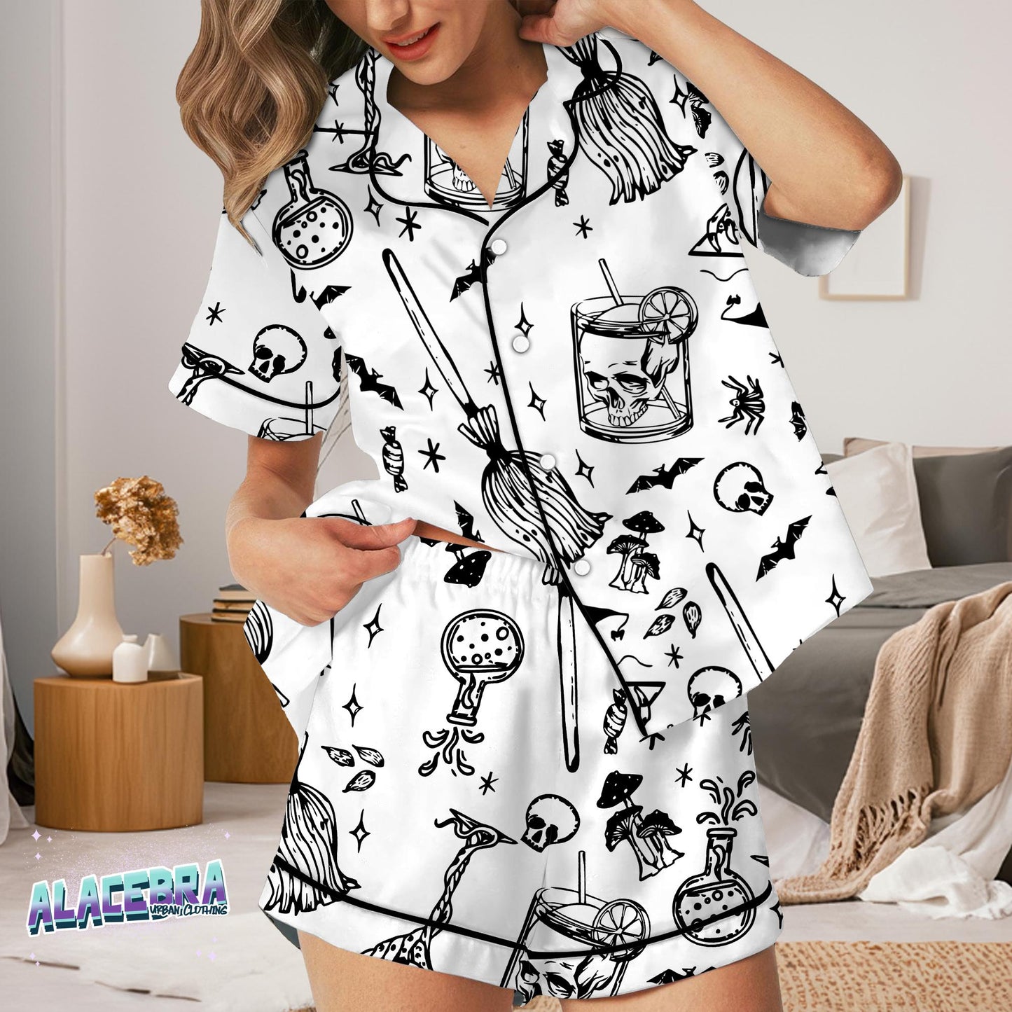 Gothic Halloween Pajama Set – Spooky Skull & Potion Print Sleepwear, Witchy Loungewear, Creepy Cute Matching Shirt and Pants