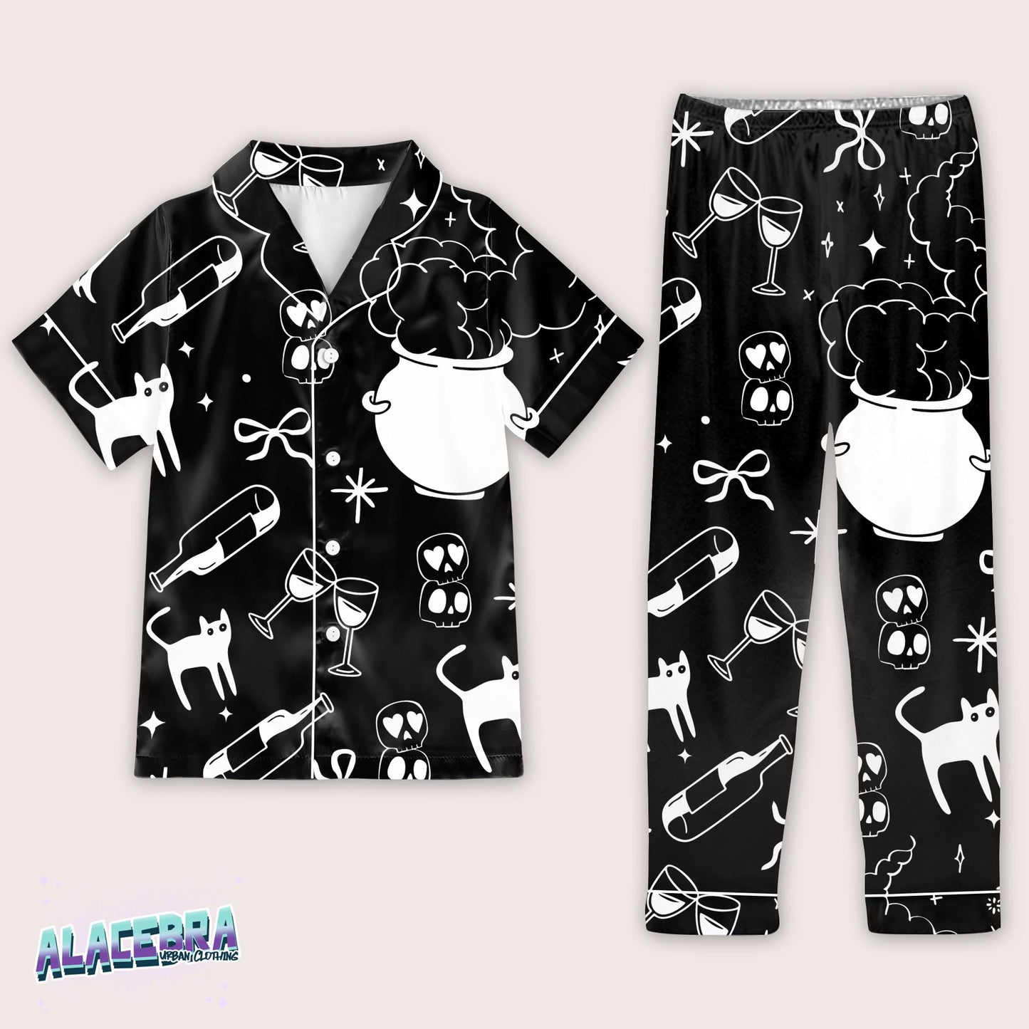 Black Gothic Cat Pajama Set – Spooky Wine & Skull Print Sleepwear, Witchy Lounge Set, Creepy Cute Halloween Nightwear for Women