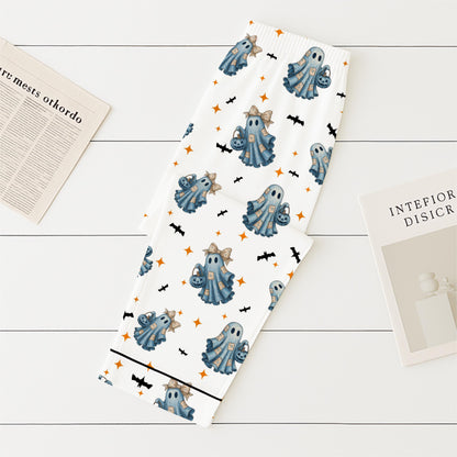 Halloween Blue Ghost Pajamas Set, Halloween Ghost With Bats Sleepwear, Cozy Fall Loungewear, Halloween Pattern Homewear, Halloween Gift