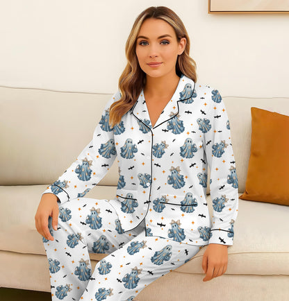 Halloween Blue Ghost Pajamas Set, Halloween Ghost With Bats Sleepwear, Cozy Fall Loungewear, Halloween Pattern Homewear, Halloween Gift