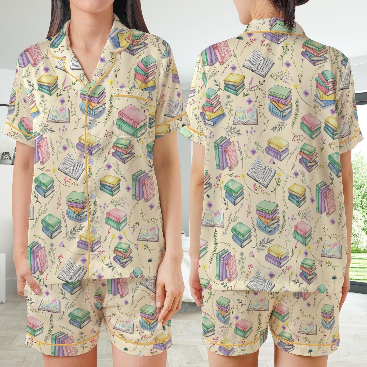 Cute Bookish Satin Pajamas Set, Floral Bookworm Pajama Set, Book Lover Flower Sleepwear, Reading Booktrovert Gift