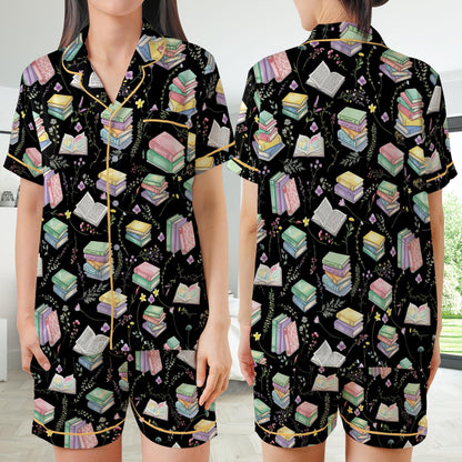 Cute Bookish Satin Pajamas Set, Floral Bookworm Pajama Set, Book Lover Flower Sleepwear, Reading Booktrovert Gift