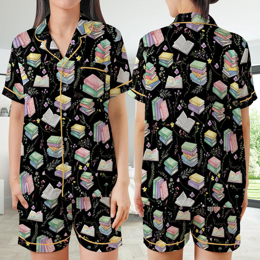 Cute Bookish Satin Pajamas Set, Floral Bookworm Pajama Set, Book Lover Flower Sleepwear, Reading Booktrovert Gift