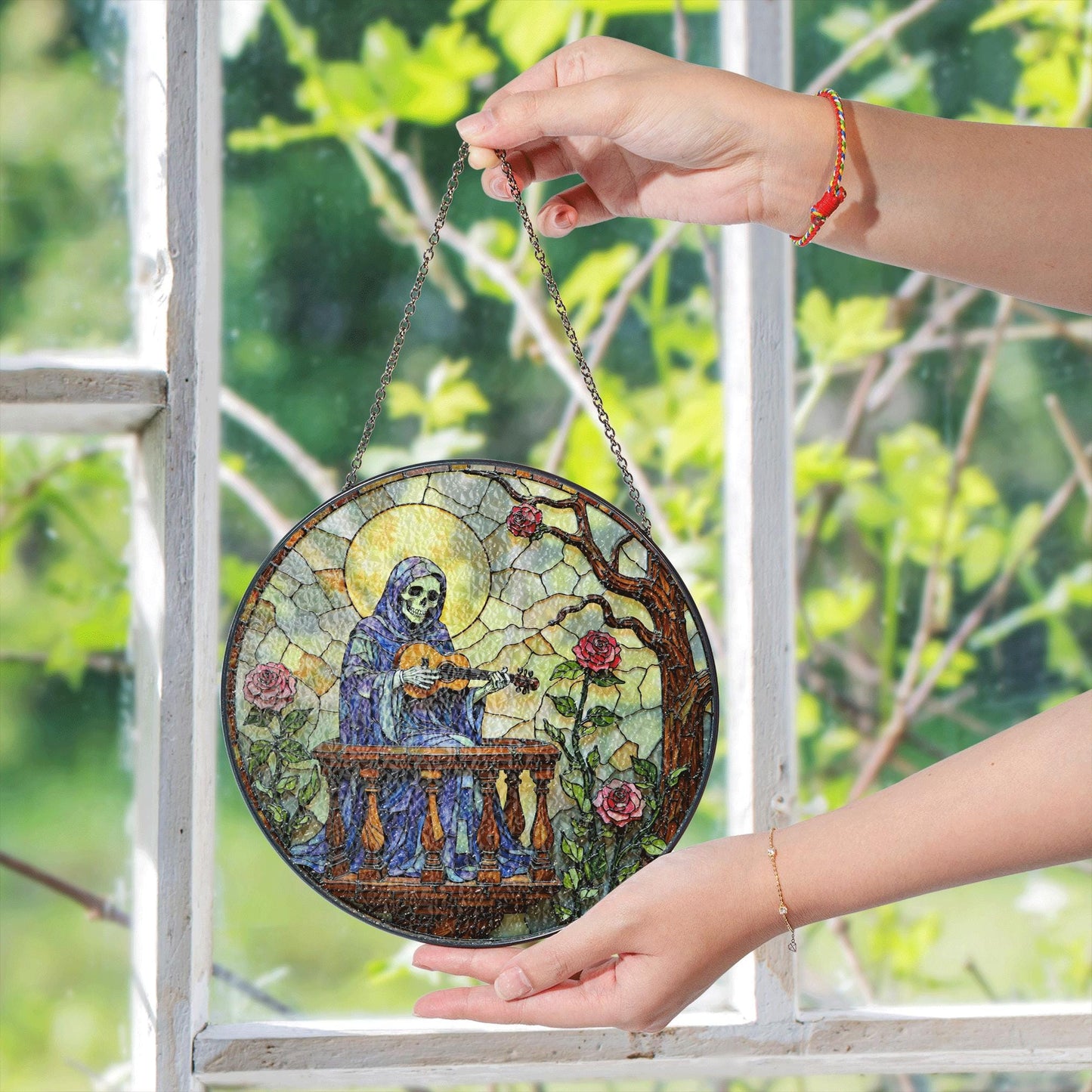 stained glass suncatcher skeleton playing guitar with roses gothic halloween gift