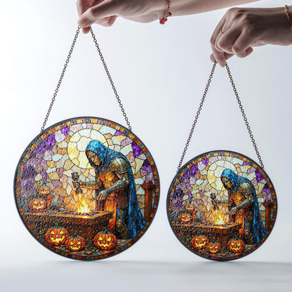 suncatcher stained glass knight forging sword with pumpkins halloween gift
