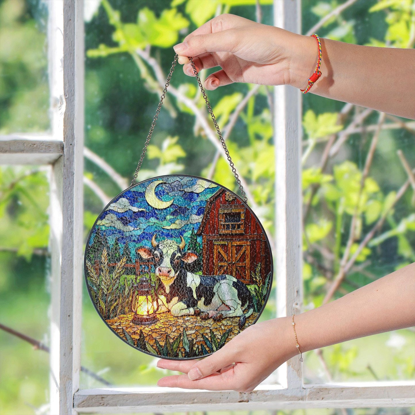 Suncatcher stained glass cow and barn rustic night scene gift for mom farmhouse decor birthday gift