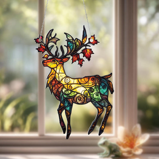 Colorful Deer Window Hanging Decoration, Autumn Forest Stag With Maple Leaves, Nature Inspired Hanging Art For Home And Seasonal Decor
