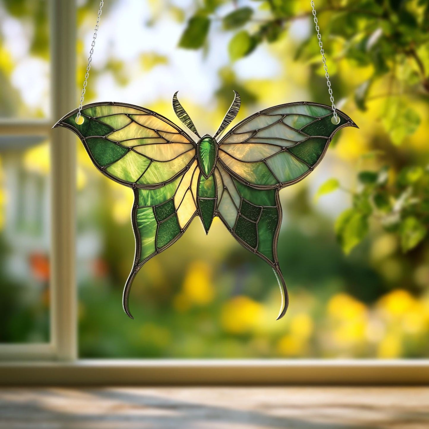 Green And Yellow Luna Moth Window Hanging Decoration, Nature Inspired Butterfly Design For Home, Garden, And Seasonal Room Decor