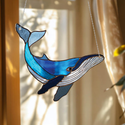 Blue Whale Window Hanging Decoration, Ocean Animal Design In Shades Of Blue For Nautical Themed Home, Beach House, And Sea Lovers