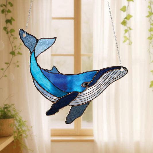 Blue Whale Window Hanging Decoration, Ocean Animal Design In Shades Of Blue For Nautical Themed Home, Beach House, And Sea Lovers