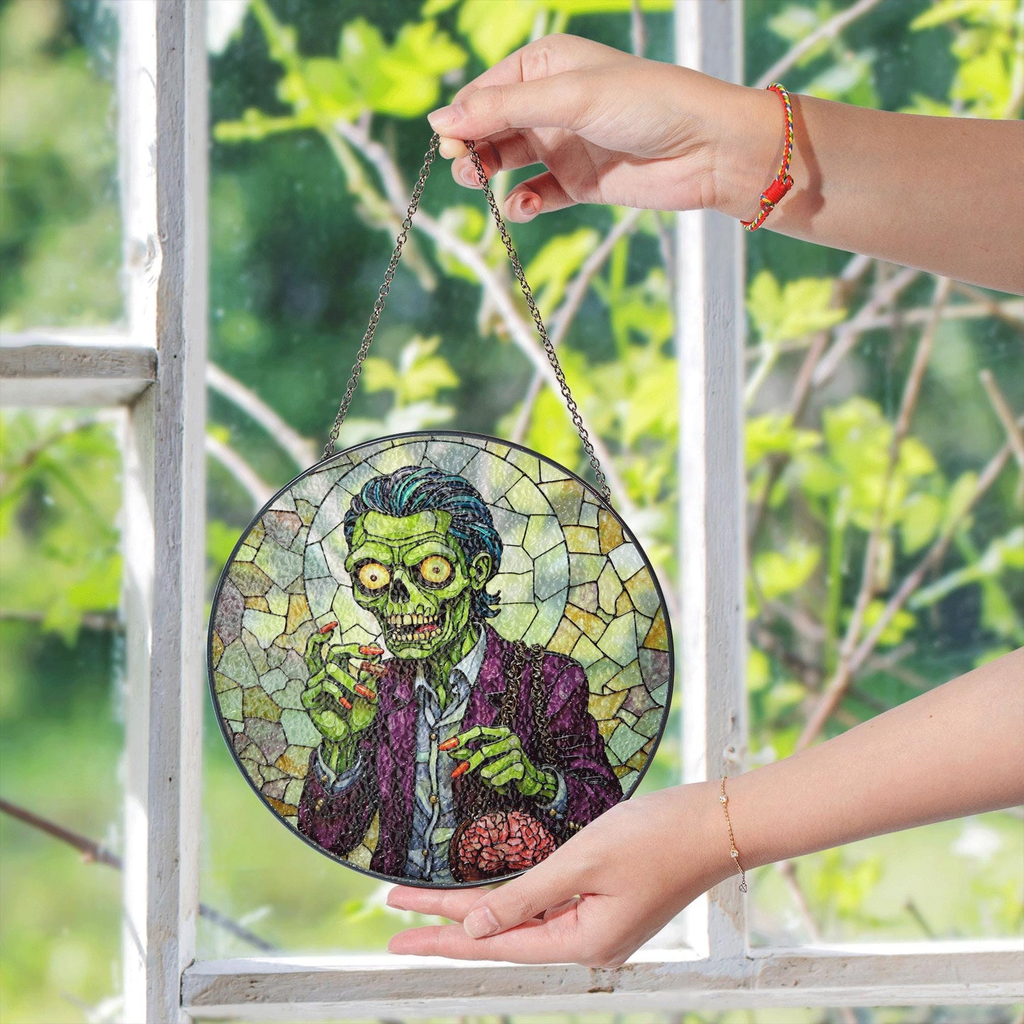 suncatcher stained glass zombie holding brain halloween gift for horror lover