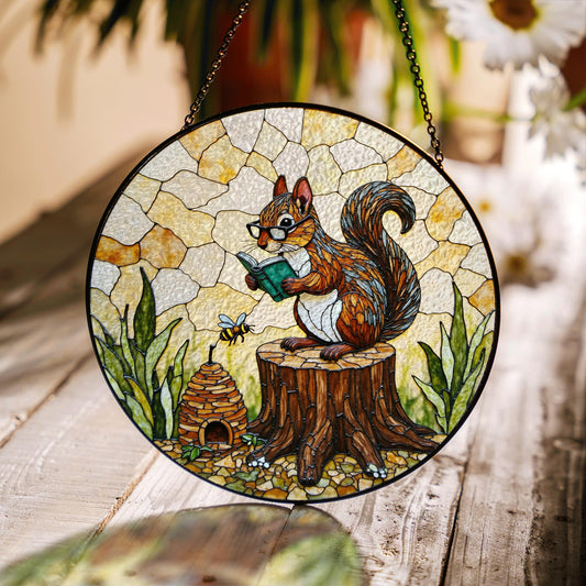 Suncatcher stained glass squirrel reading on tree stump woodland gift for mom Mothers Day gift