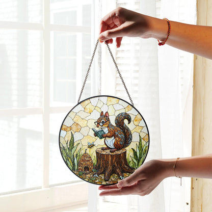 Suncatcher stained glass squirrel reading on tree stump woodland gift for mom Mothers Day gift