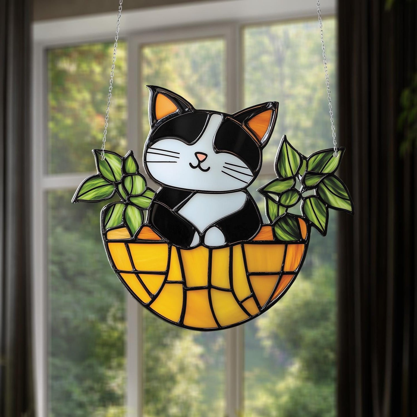 Cute Cat In Basket Window Hanging Decoration, Adorable Black And White Kitty With Green Leaves Design For Home, Garden, And Pet Lovers