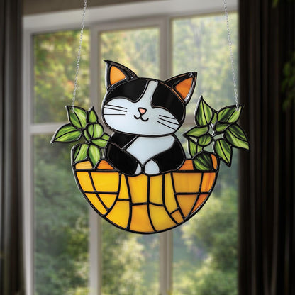 Cute Cat In Basket Window Hanging Decoration, Adorable Black And White Kitty With Green Leaves Design For Home, Garden, And Pet Lovers