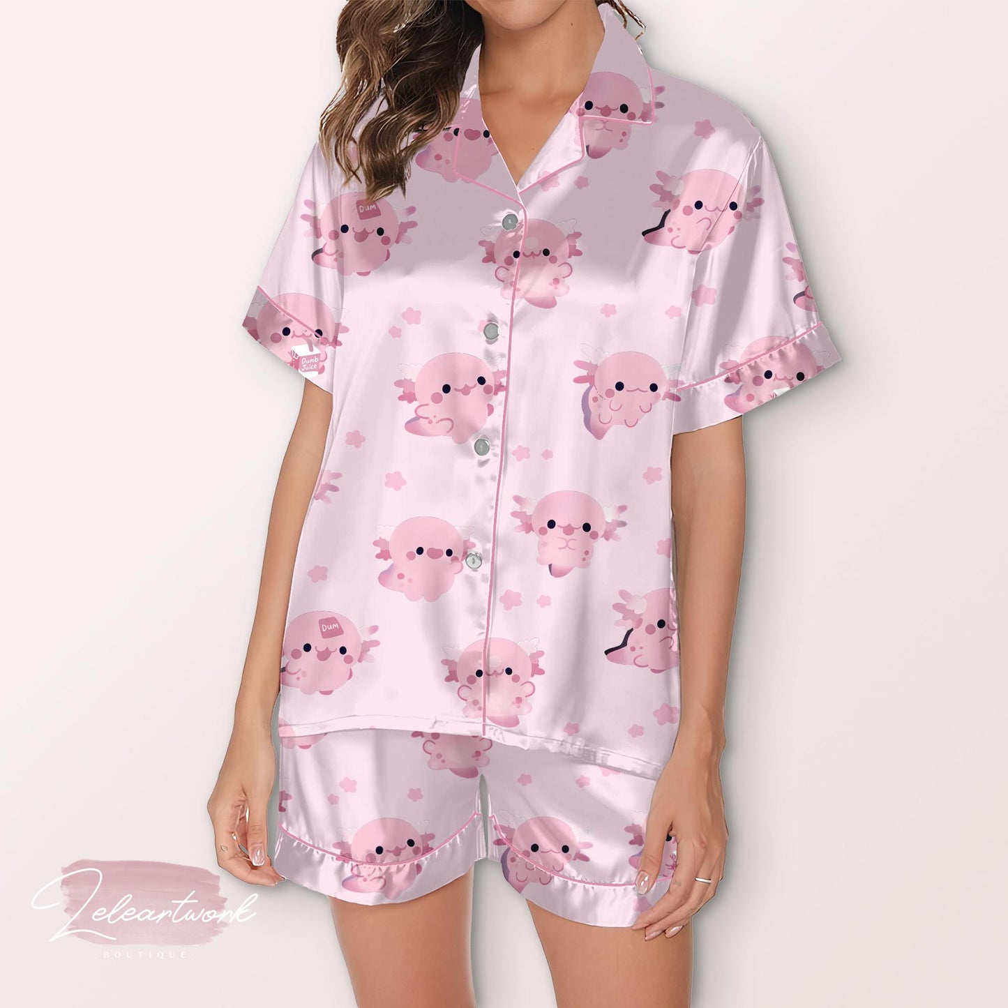 Cute Axolotl Pajama – Black Satin Short Set with Adorable Pink Axolotl Print | Kawaii Sleepwear for Women & Teens