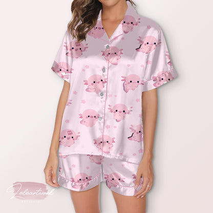 Cute Axolotl Pajama – Black Satin Short Set with Adorable Pink Axolotl Print | Kawaii Sleepwear for Women & Teens