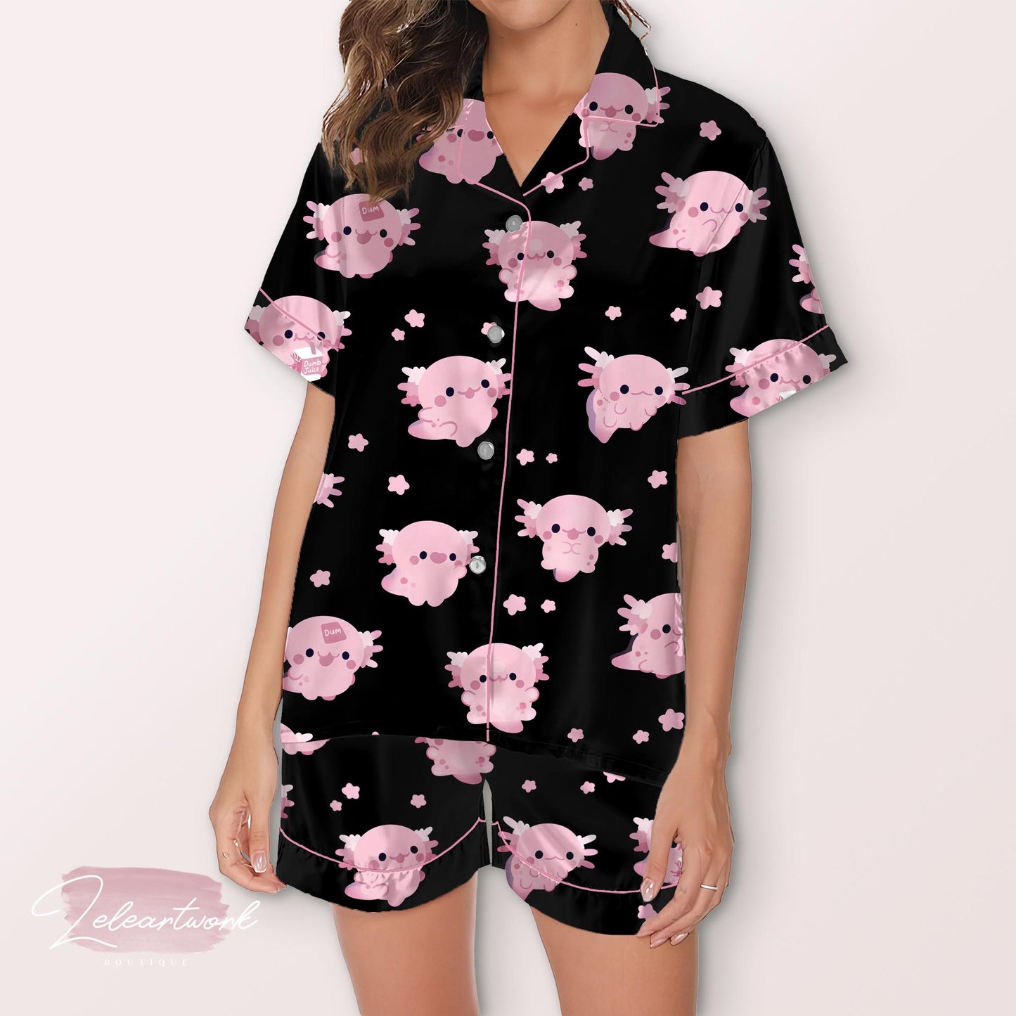 Cute Axolotl Pajama – Black Satin Short Set with Adorable Pink Axolotl Print | Kawaii Sleepwear for Women & Teens