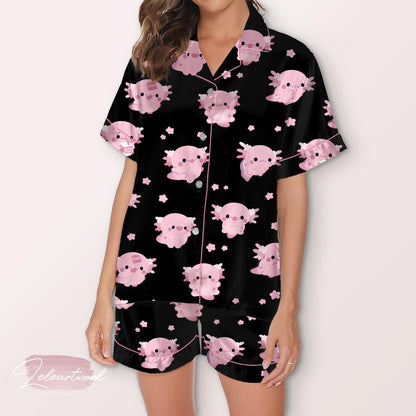 Cute Axolotl Pajama – Black Satin Short Set with Adorable Pink Axolotl Print | Kawaii Sleepwear for Women & Teens