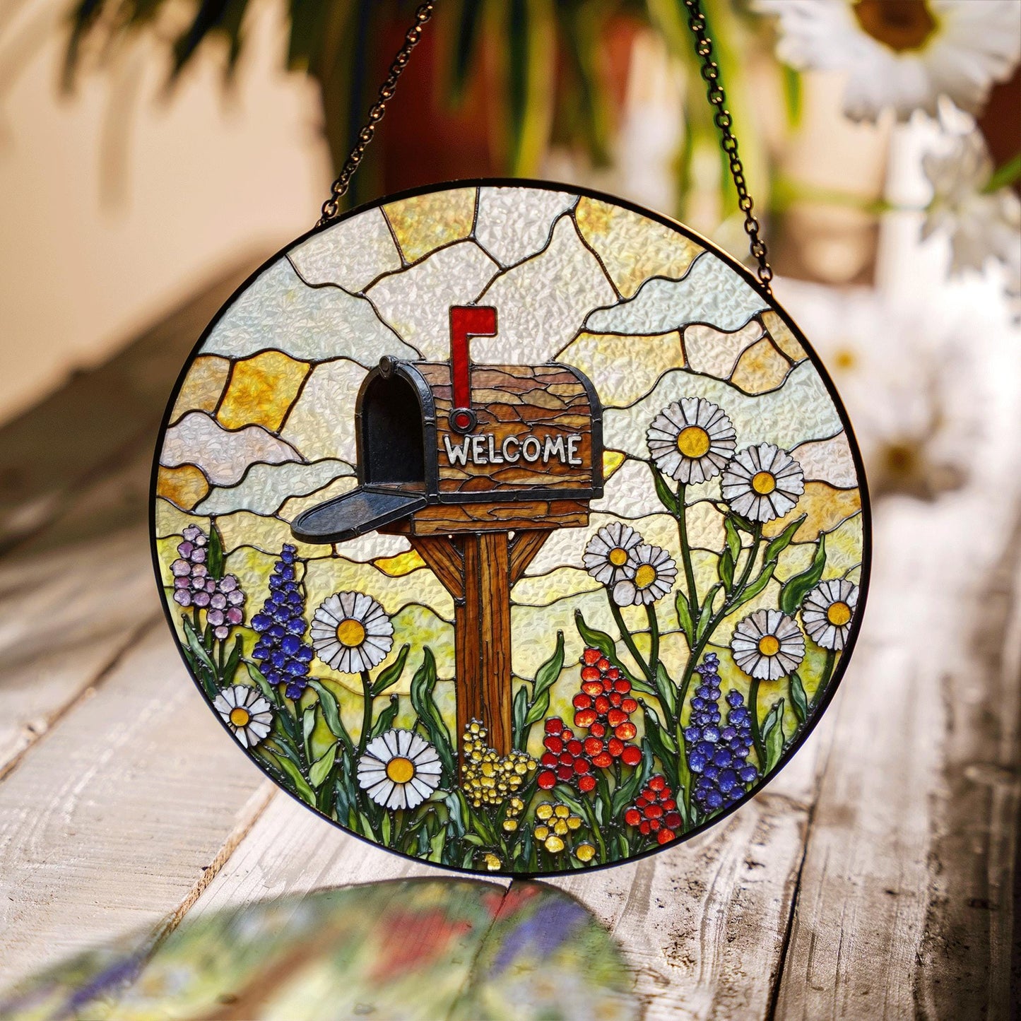 Suncatcher stained glass mailbox with wildflowers welcome sign Mothers Day gift for mom housewarming gift