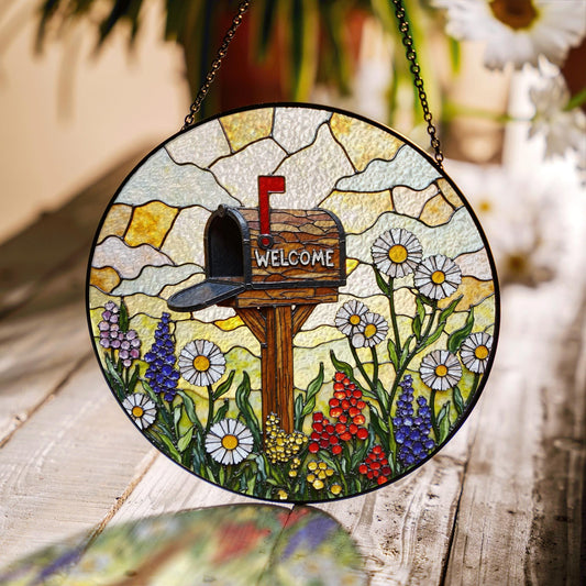Suncatcher stained glass mailbox with wildflowers welcome sign Mothers Day gift for mom housewarming gift