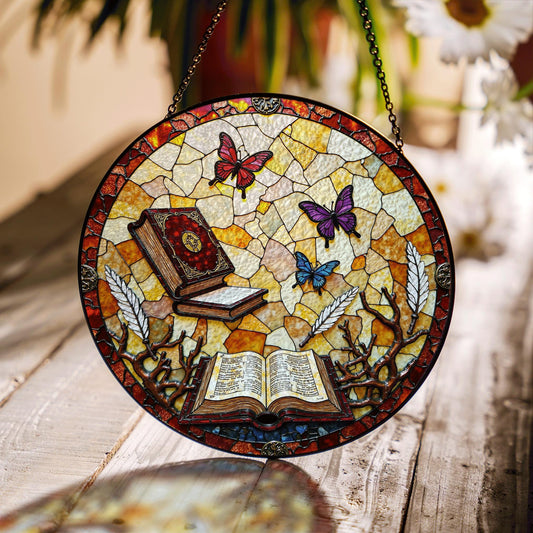 Suncatcher stained glass butterflies books open pages gift for mom Mothers Day gift