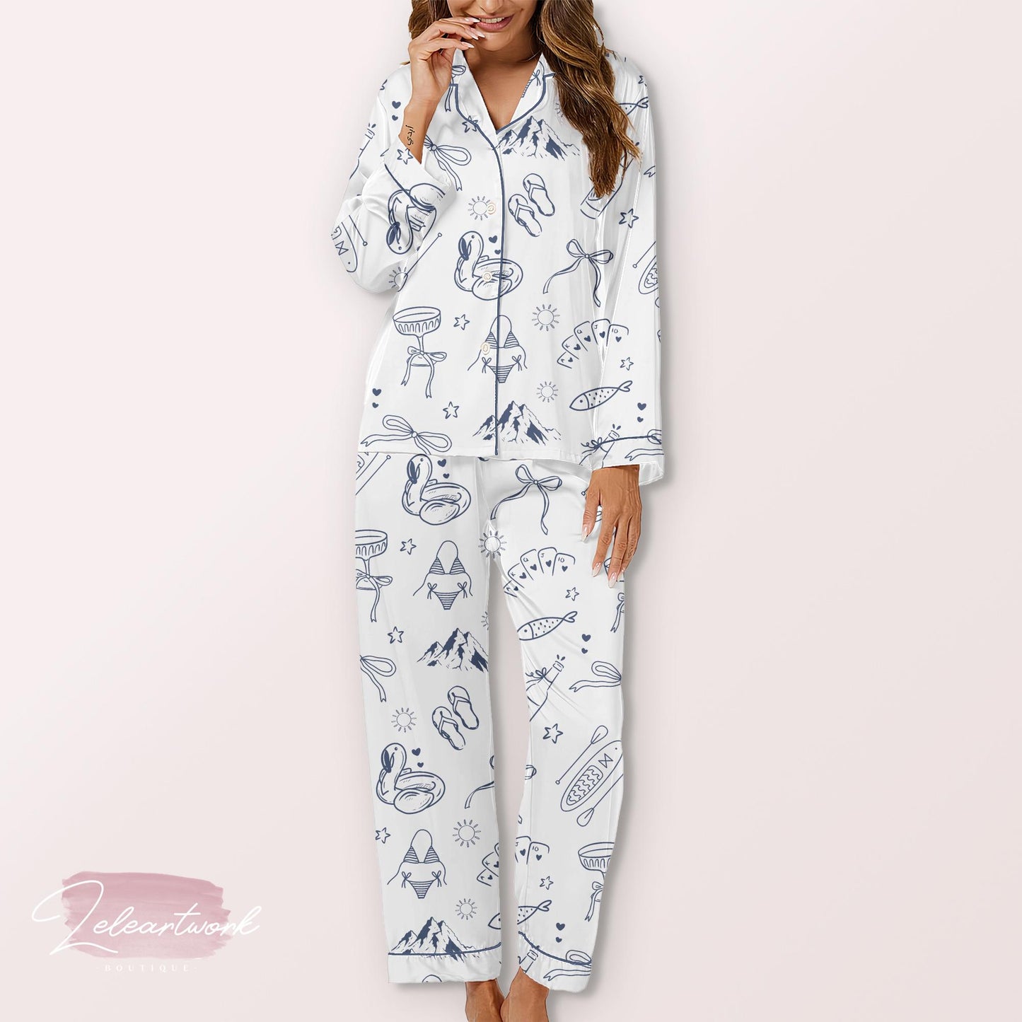 Lake Bachelorette Party Pajama Set – White Satin Button-Up And Shorts with Nautical Summer Print | Bride And Bridesmaid Sleepwear