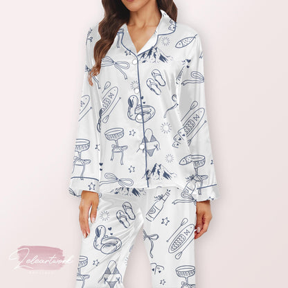 Lake Bachelorette Party Pajama Set – White Satin Button-Up And Shorts with Nautical Summer Print | Bride And Bridesmaid Sleepwear