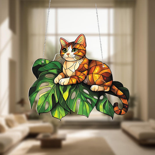 Orange Cat on Monstera Leaf Window Hanging – Cute Feline Jungle Theme Decor for Cat Lovers and Tropical Home Accent