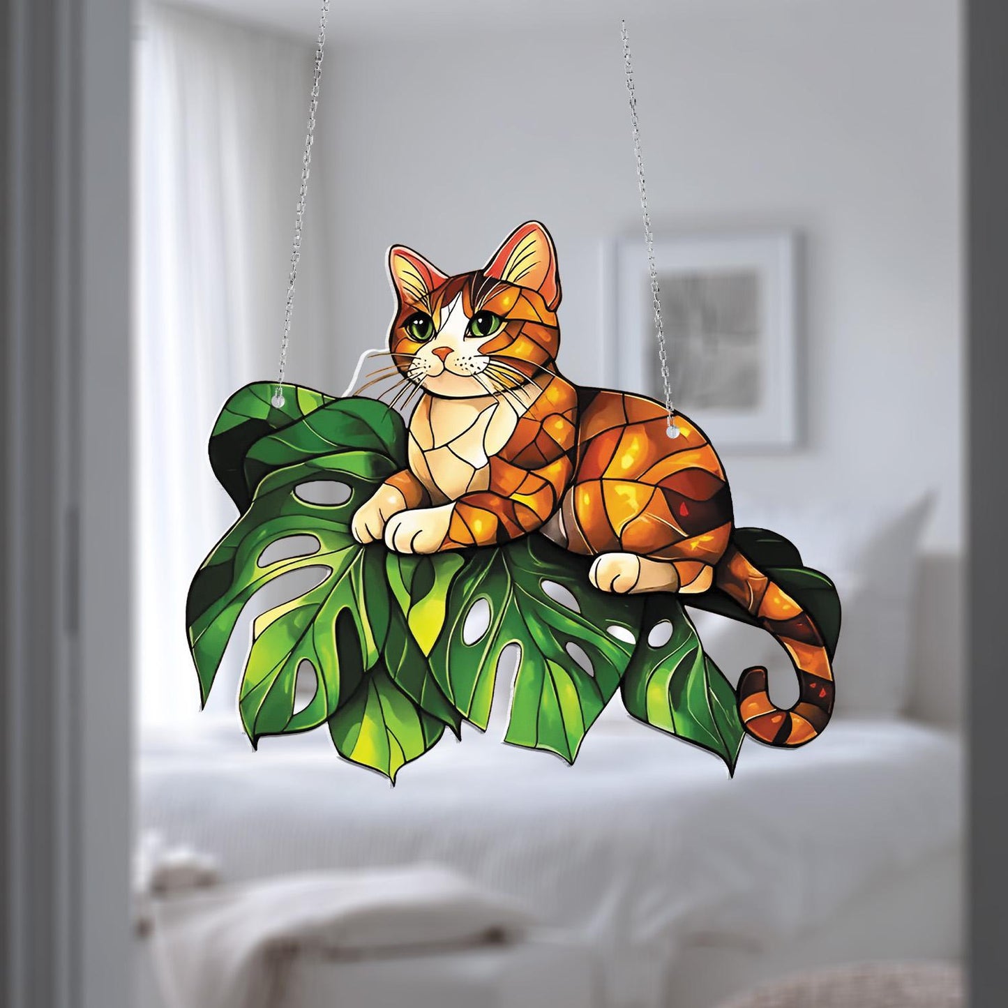 Orange Cat on Monstera Leaf Window Hanging – Cute Feline Jungle Theme Decor for Cat Lovers and Tropical Home Accent