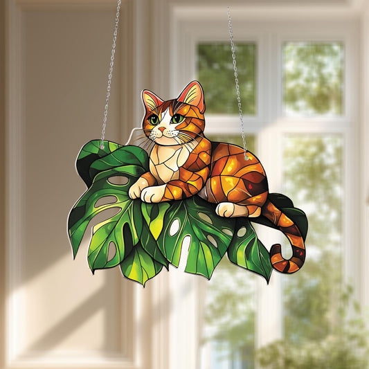 Orange Cat on Monstera Leaf Window Hanging – Cute Feline Jungle Theme Decor for Cat Lovers and Tropical Home Accent