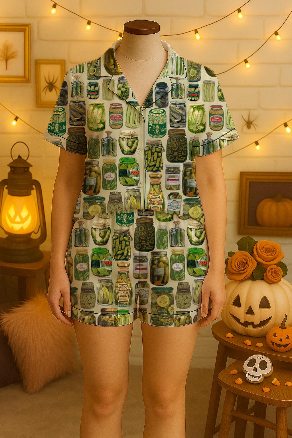 Cozy Halloween Pajama Set with Cute Pickled Cucumber Jar, pickled cucumber nightwear set, funny pickled cucumber sleepwear, Unisex Satin Pjs  Pajamas Set