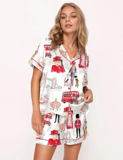 London Travel Watercolor Satin Pajama Set For Women  Pajamas Set