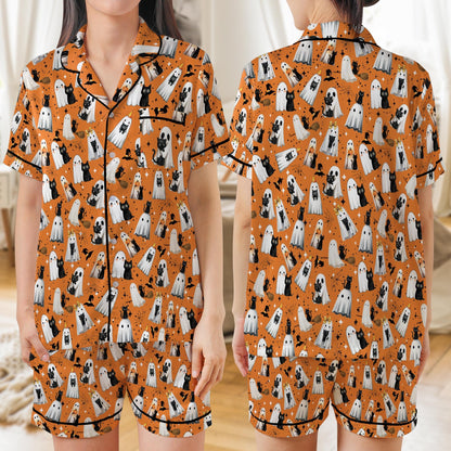 Black Cat And Ghost Halloween Satin Pajama Set, Cute Boo Ghost Cat Halloween Pajamas, Spooky Season Loungewear For Women, Halloween Gift