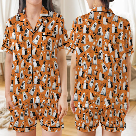Black Cat And Ghost Halloween Satin Pajama Set, Cute Boo Ghost Cat Halloween Pajamas, Spooky Season Loungewear For Women, Halloween Gift