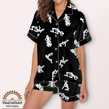 Adult Humor Pajamas Set – Funny Stick Figure Positions Print Sleepwear – Naughty Novelty Loungewear for Couples, Embarrassing Raunchy