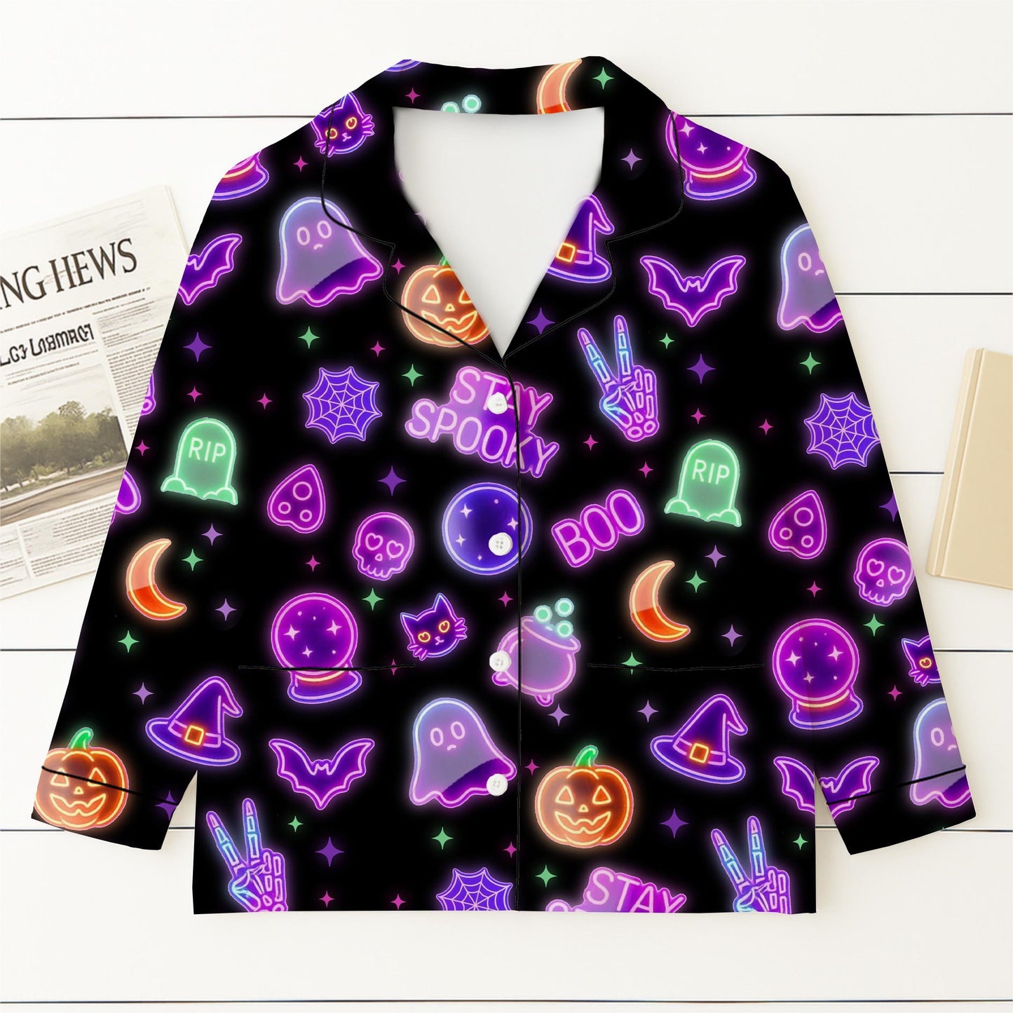 Stay Spooky Pajamas Set, Neon Halloween Pattern Sleepwear, Neon Ghost Pumpkin Skull Witch Bat Homewear, Spooky Season Gift
