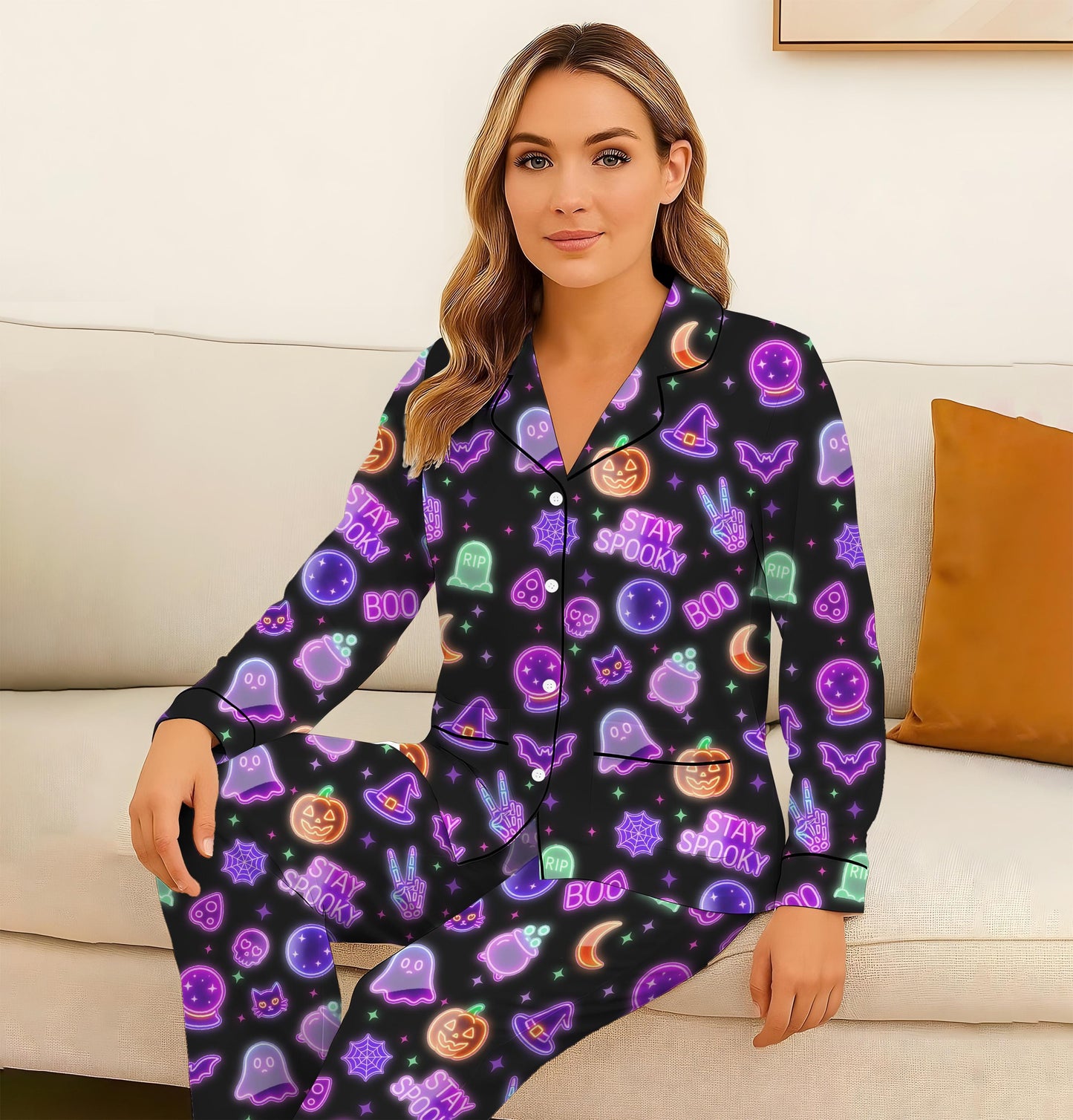 Stay Spooky Pajamas Set, Neon Halloween Pattern Sleepwear, Neon Ghost Pumpkin Skull Witch Bat Homewear, Spooky Season Gift