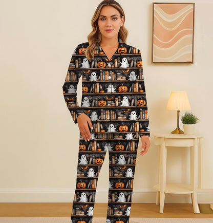 Halloween Ghost Bookshelf Pajamas Set, Vintage Halloween Sleepwear, Pumpkin Book Ghost Homewear, Cozy Loungewear, Halloween Book Pjs