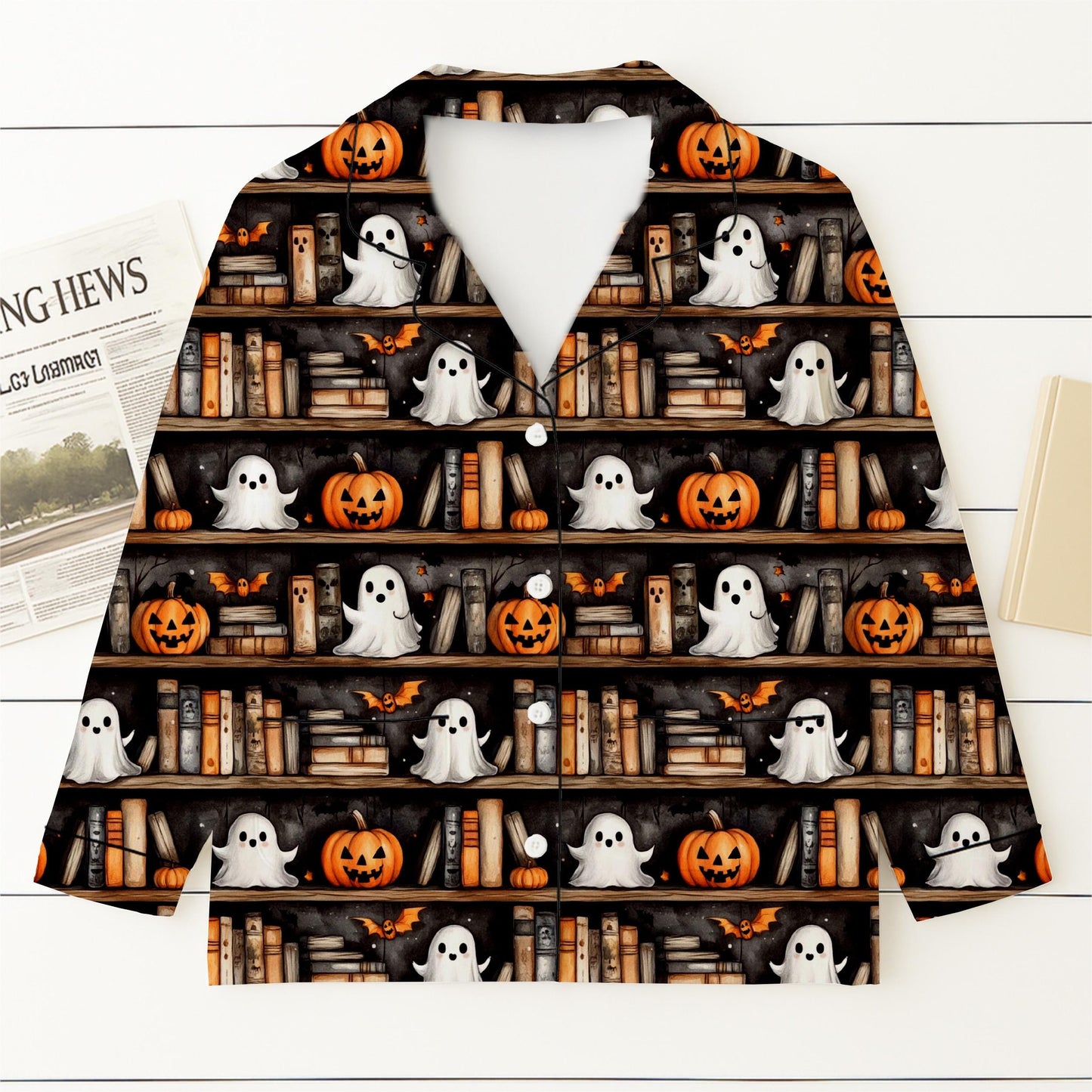 Halloween Ghost Bookshelf Pajamas Set, Vintage Halloween Sleepwear, Pumpkin Book Ghost Homewear, Cozy Loungewear, Halloween Book Pjs