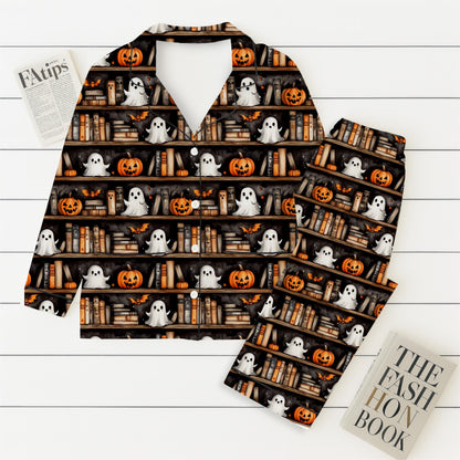 Halloween Ghost Bookshelf Pajamas Set, Vintage Halloween Sleepwear, Pumpkin Book Ghost Homewear, Cozy Loungewear, Halloween Book Pjs