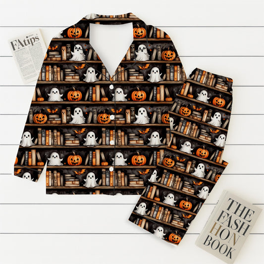 Halloween Ghost Bookshelf Pajamas Set, Vintage Halloween Sleepwear, Pumpkin Book Ghost Homewear, Cozy Loungewear, Halloween Book Pjs