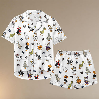 Duck Halloween Satin Pajama Set, Cute Mummy Ghost Pumpkin Pjs, Cozy Satin Sleepwear Shorts for Women, Halloween Gift For Her
