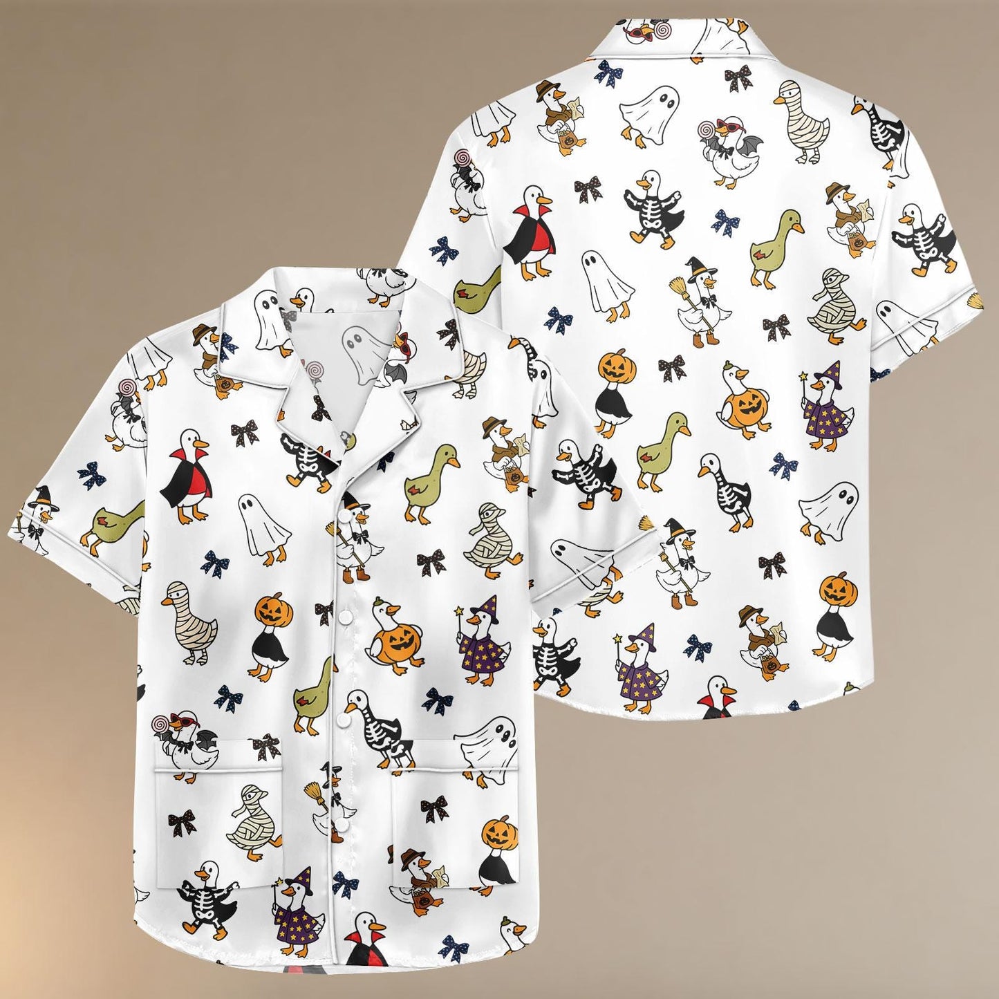 Duck Halloween Satin Pajama Set, Cute Mummy Ghost Pumpkin Pjs, Cozy Satin Sleepwear Shorts for Women, Halloween Gift For Her