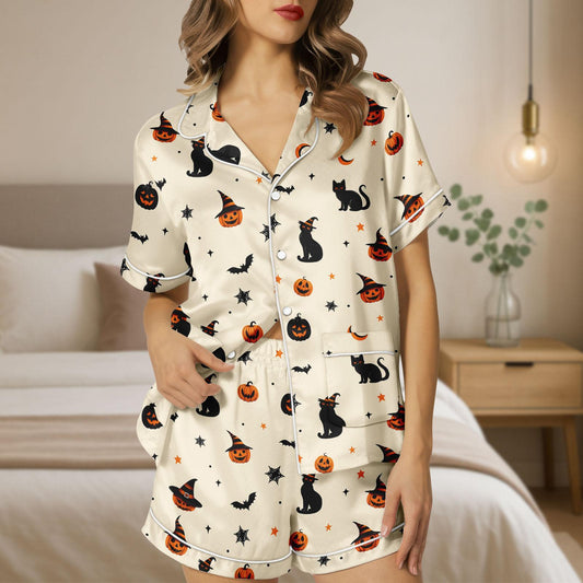 Halloween Cat Satin Pajama Set, Pumpkin Bat Witch Hat Pjs, Cozy Satin Shorts Sleepwear for Women, Halloween Pajamas Set For Her