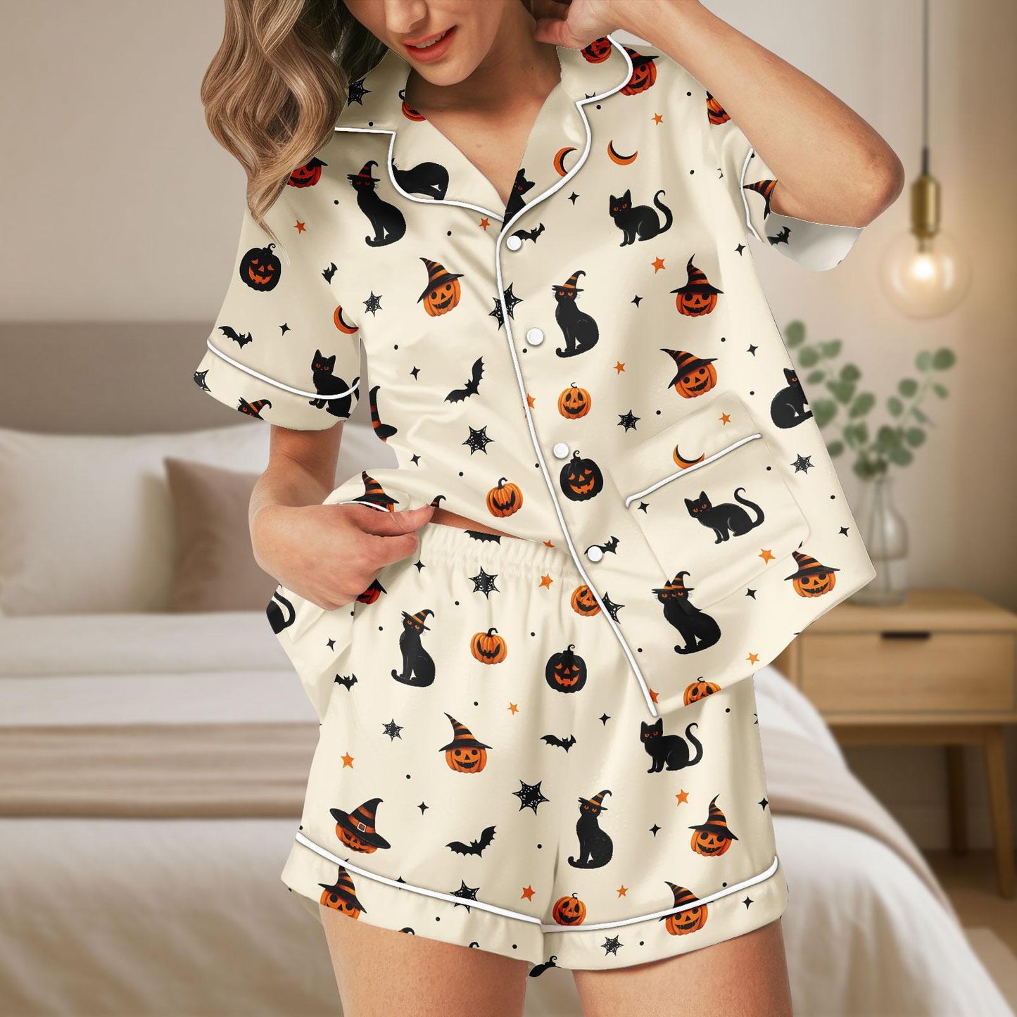 Halloween Cat Satin Pajama Set, Pumpkin Bat Witch Hat Pjs, Cozy Satin Shorts Sleepwear for Women, Halloween Pajamas Set For Her