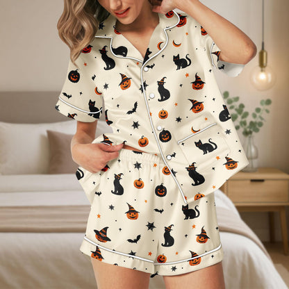 Halloween Cat Satin Pajama Set, Pumpkin Bat Witch Hat Pjs, Cozy Satin Shorts Sleepwear for Women, Halloween Pajamas Set For Her