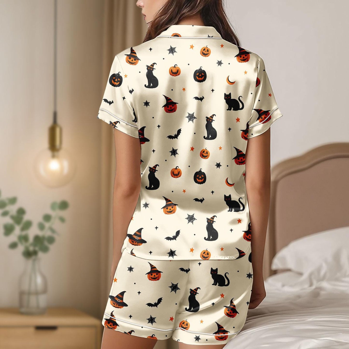 Halloween Cat Satin Pajama Set, Pumpkin Bat Witch Hat Pjs, Cozy Satin Shorts Sleepwear for Women, Halloween Pajamas Set For Her