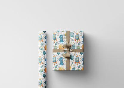 Baby Boy Space Wrapping Paper Roll, First Birthday Gift Wrap with Rockets, Planets, and Stars for Toddler Celebrations #3