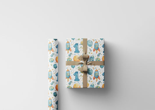 Baby Boy Space Wrapping Paper Roll, First Birthday Gift Wrap with Rockets, Planets, and Stars for Toddler Celebrations #3